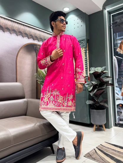 SHAGUN FASHION Men’s Embroidered Silk Blend Kurta with Churidar Set – Festive & Ethnic Wear