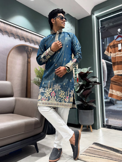 SHAGUN FASHION Men’s Embroidered Silk Blend Kurta with Churidar Set – Festive & Ethnic Wear