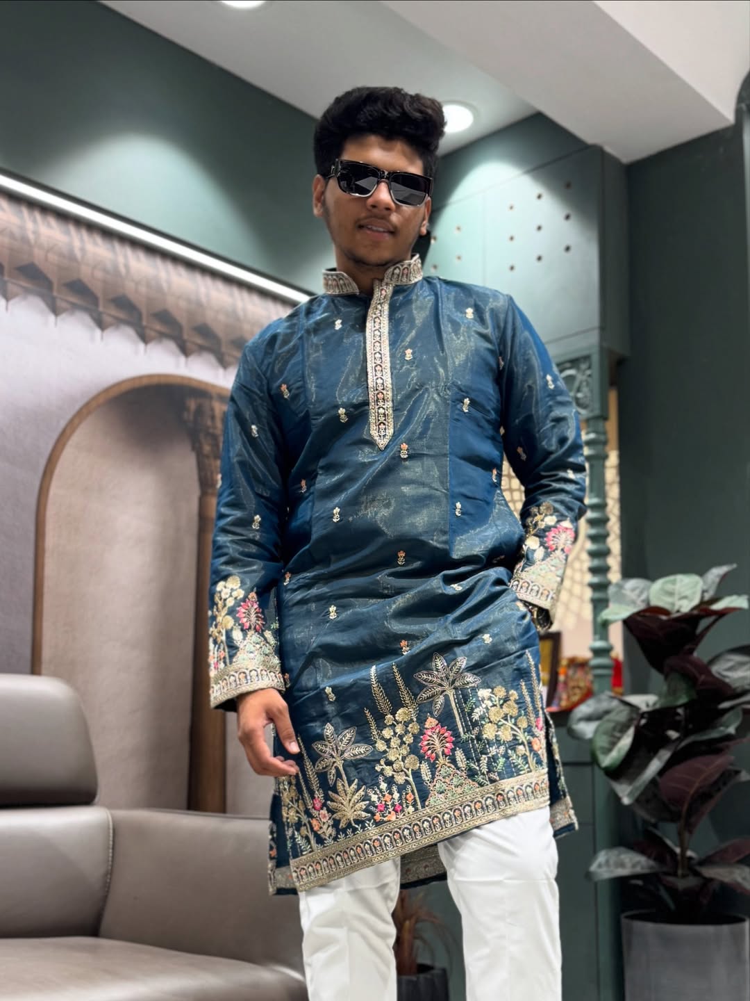 SHAGUN FASHION Men’s Embroidered Silk Blend Kurta with Churidar Set – Festive & Ethnic Wear