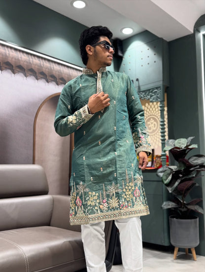 SHAGUN FASHION Men’s Embroidered Silk Blend Kurta with Churidar Set – Festive & Ethnic Wear