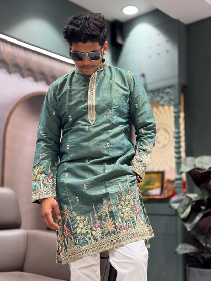 SHAGUN FASHION Men’s Embroidered Silk Blend Kurta with Churidar Set – Festive & Ethnic Wear