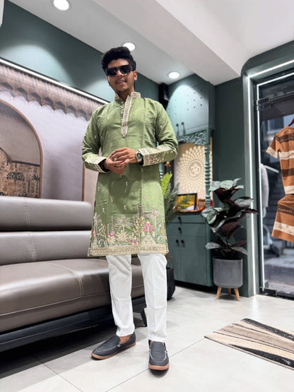 SHAGUN FASHION Men’s Embroidered Silk Blend Kurta with Churidar Set – Festive & Ethnic Wear