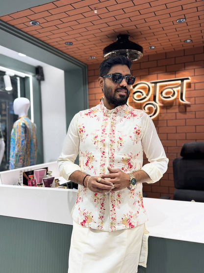 SHAGUN FASHION Kurta Set with Floral Printed Nehru Jacket – Premium Festive Wear for Men