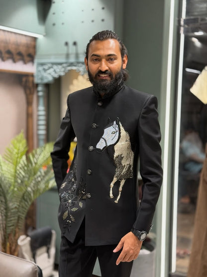 SHAGUN FASHION Regal Black Embroidered Bandhgala Set with Artistic Horse Motif