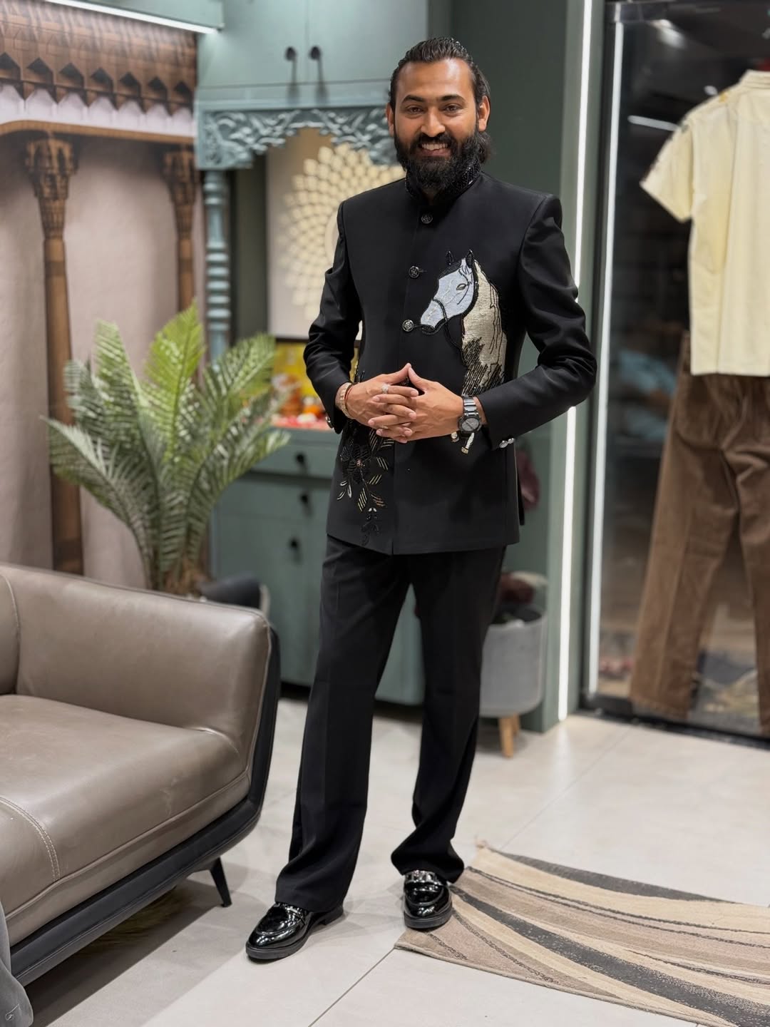 SHAGUN FASHION Regal Black Embroidered Bandhgala Set with Artistic Horse Motif