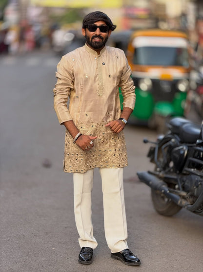 SHAGUN FASHION Golden Embroidered Designer Kurta Set for Men | Festive & Wedding Wear