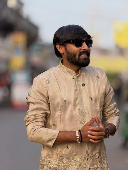 SHAGUN FASHION Golden Embroidered Designer Kurta Set for Men | Festive & Wedding Wear