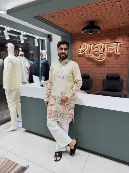 SHAGUN FASHION Premium Cream Embroidered Men’s Kurta Set