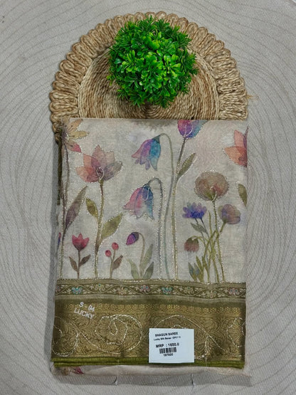 SHAGUN FASHION Floral Printed Silk Saree with Zari Border | Pastel Designer Saree by Shagun Sarees