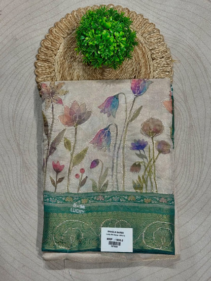 SHAGUN FASHION Floral Printed Silk Saree with Zari Border | Pastel Designer Saree by Shagun Sarees