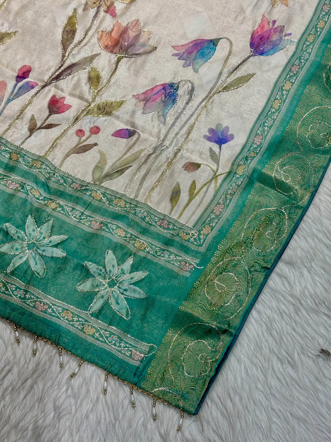 SHAGUN FASHION Floral Printed Silk Saree with Zari Border | Pastel Designer Saree by Shagun Sarees