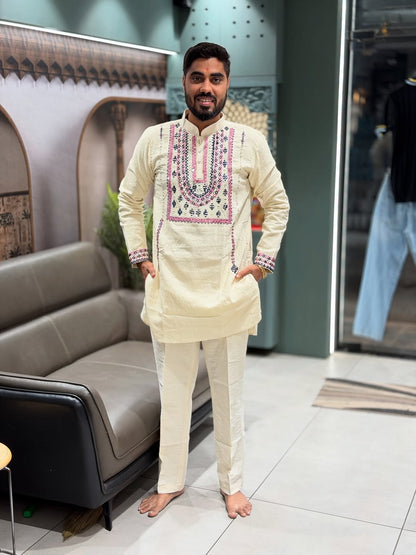 Premium Cream Embroidered Men’s Kurta Pajama Set | Festive Special by SHAGUN FASHION