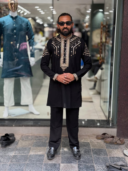 Black Embroidered Festive Kurta Set for Men | Stylish Ethnic Wear by SHAGUN FASHION