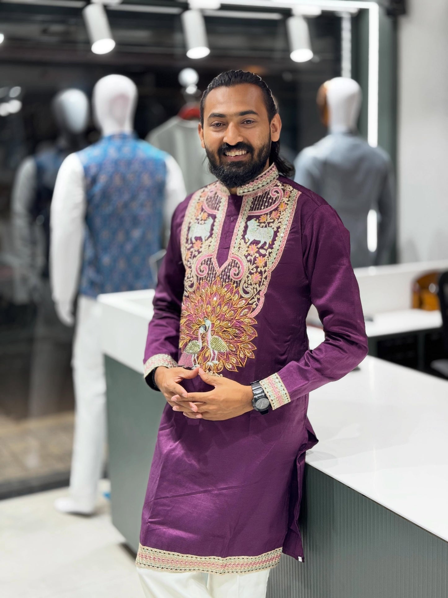 SHAGUN FASHION Men’s Designer Peacock & Cow Embroidery Short Kurta Set