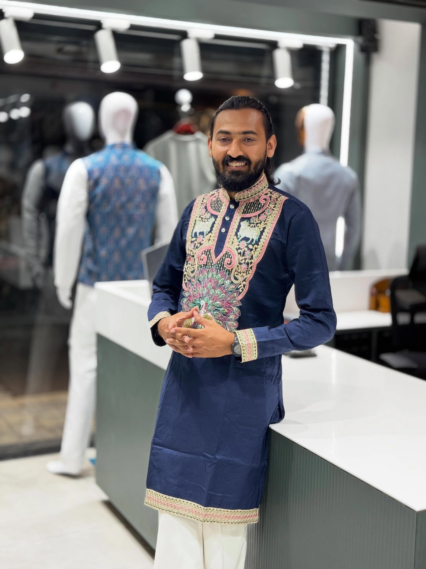 SHAGUN FASHION Men’s Designer Peacock & Cow Embroidery Short Kurta Set