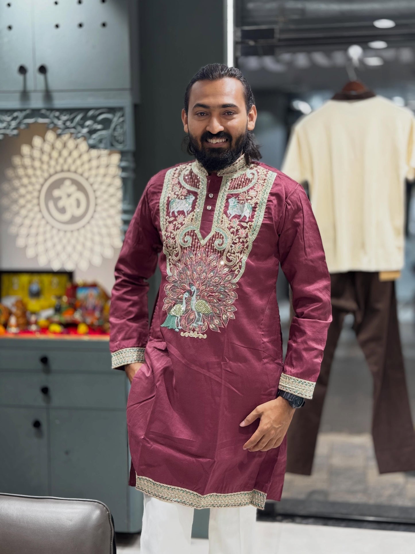 SHAGUN FASHION Men’s Designer Peacock & Cow Embroidery Short Kurta Set