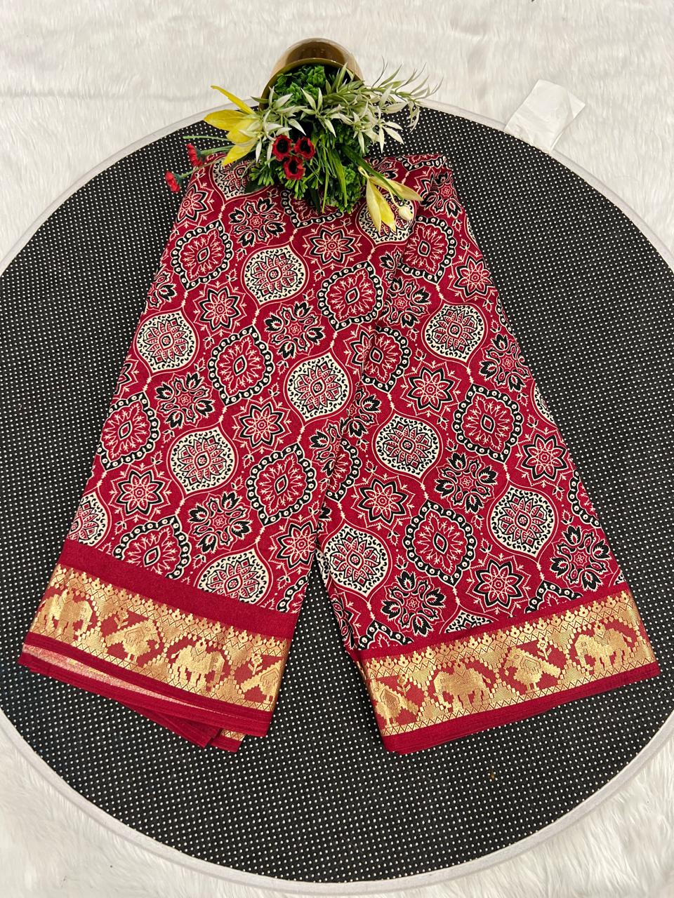 🌟 Elegant Ajrakh Saree with Golden Border ✨ | Traditional Craft Meets Royal Touch 👑 | Festive & Ethnic Wear 💃