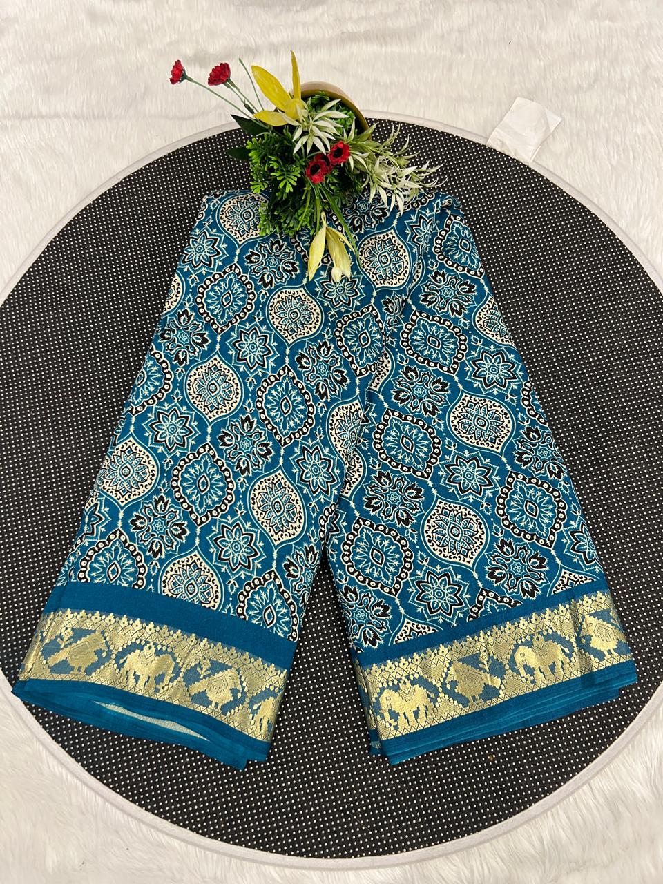 🌟 Elegant Ajrakh Saree with Golden Border ✨ | Traditional Craft Meets Royal Touch 👑 | Festive & Ethnic Wear 💃