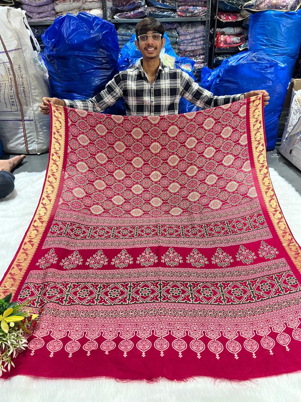 🌟 Elegant Ajrakh Saree with Golden Border ✨ | Traditional Craft Meets Royal Touch 👑 | Festive & Ethnic Wear 💃