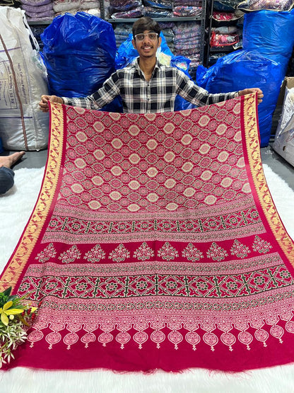 🌟 Elegant Ajrakh Saree with Golden Border ✨ | Traditional Craft Meets Royal Touch 👑 | Festive & Ethnic Wear 💃