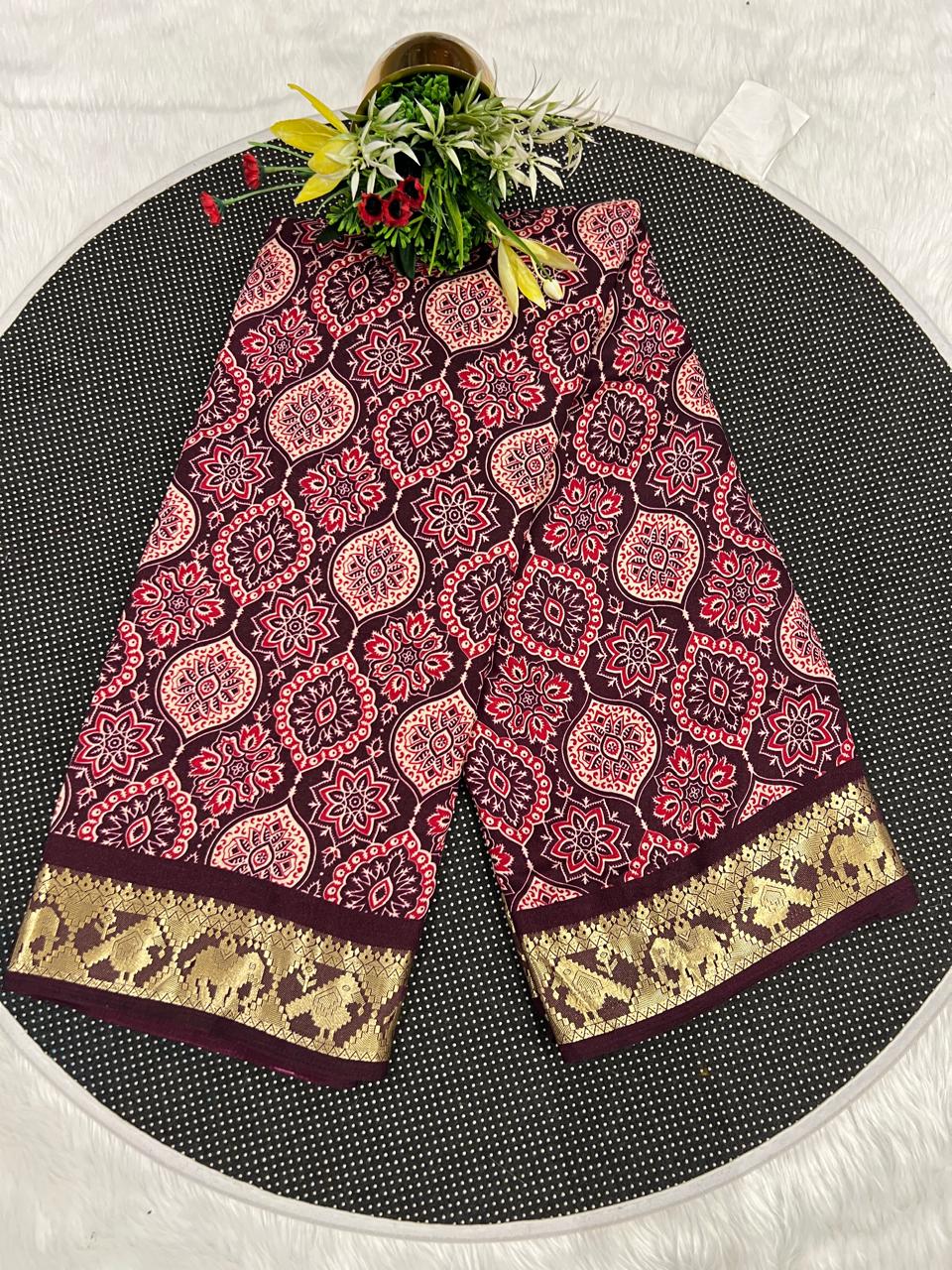 🌟 Elegant Ajrakh Saree with Golden Border ✨ | Traditional Craft Meets Royal Touch 👑 | Festive & Ethnic Wear 💃
