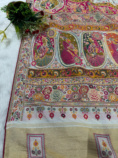 👑 Royal Pashmina Saree with King-Queen Pallu & Lagdi Patto | Vadivela & Floral Work | Just ₹1850! 🌸✨
