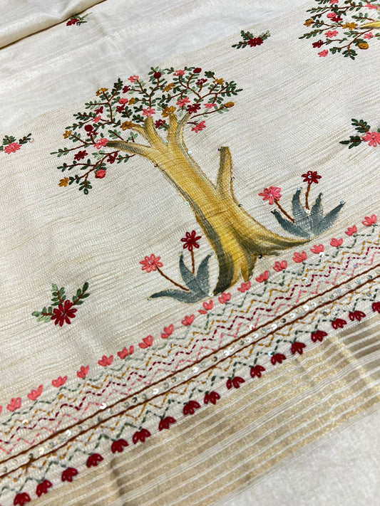 πΏ Elegant Pure Cotton Designer Saree with Kathawork & Dhagawork β Nature-Inspired TreeπΈ