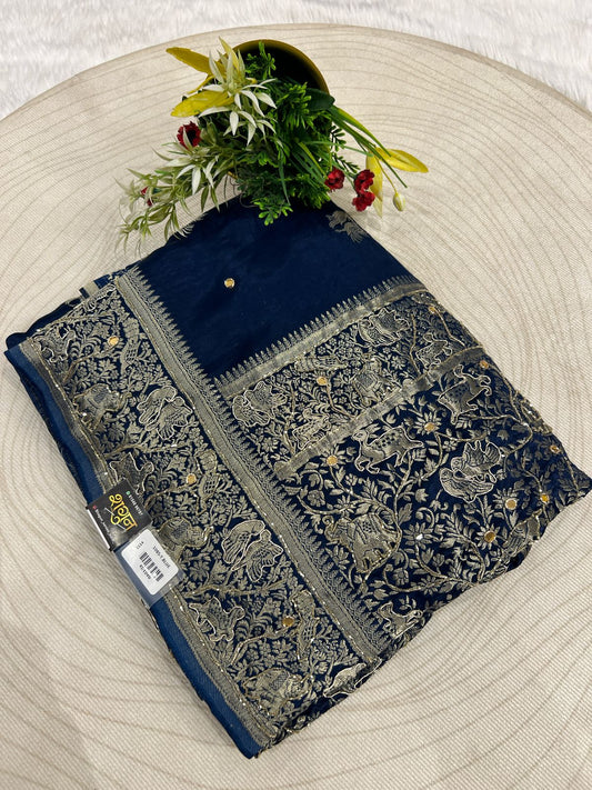 ✨ Pure Gaji Silk Saree with Royal Zardosi Work | Bird Border 🦜 | Buti Detailing 💫 | Bridal/Festive Wear