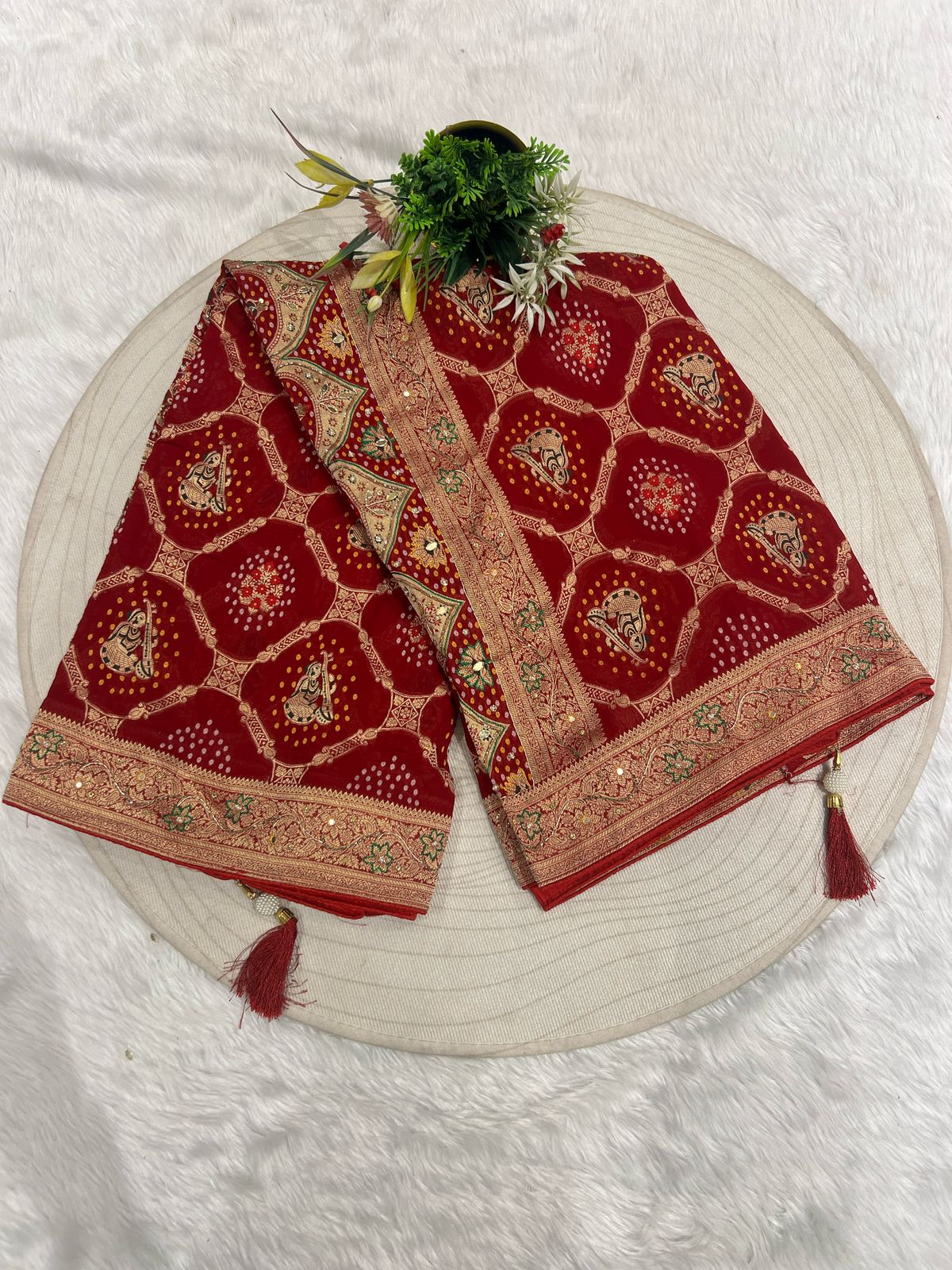 🌿 Pure Georgette Junglo Bandhani Saree | Gharchola Inspired Design ✨ | Heavy Pallu & All-Over Work 🌸 | Bridal/Festive Wear 👰