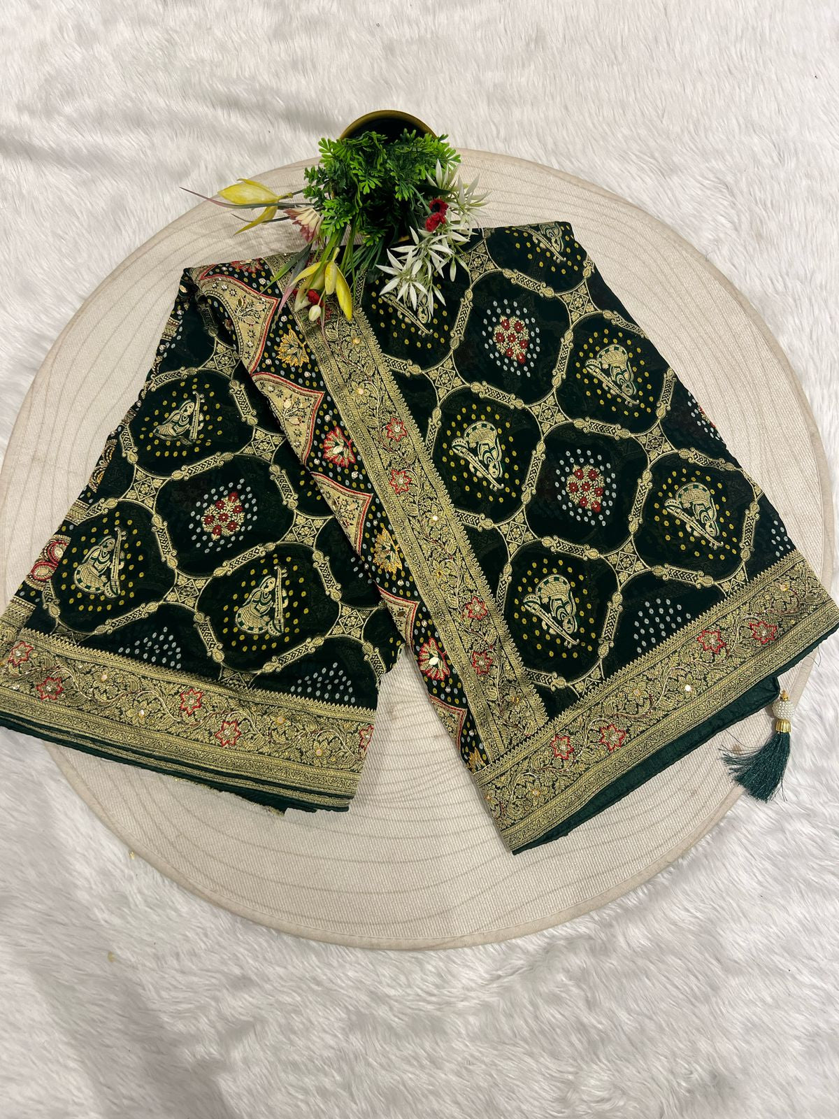 🌿 Pure Georgette Junglo Bandhani Saree | Gharchola Inspired Design ✨ | Heavy Pallu & All-Over Work 🌸 | Bridal/Festive Wear 👰