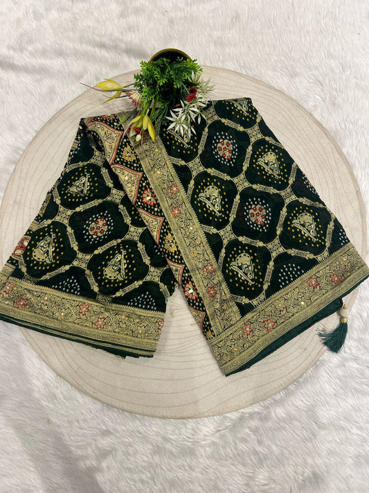 🌿 Pure Georgette Junglo Bandhani Saree | Gharchola Inspired Design ✨ | Heavy Pallu & All-Over Work 🌸 | Bridal/Festive Wear 👰