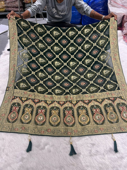 🌿 Pure Georgette Junglo Bandhani Saree | Gharchola Inspired Design ✨ | Heavy Pallu & All-Over Work 🌸 | Bridal/Festive Wear 👰