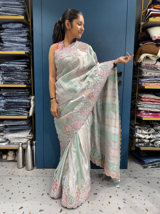 🌈 Multicolor Designer Saree ✨ | Heavy Full Work with Cut Border 💫 | Patch & Butta Work for Wedding & Festive Look 👑