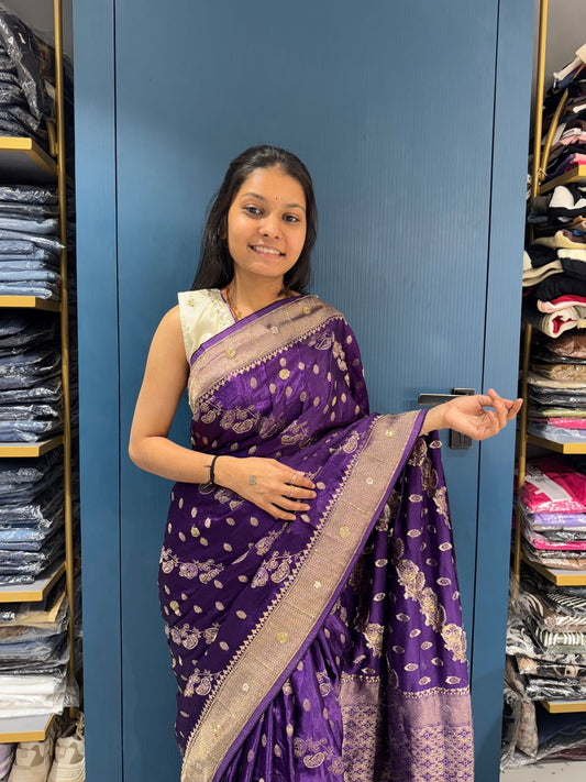 💫 Pure Gaji Silk Saree | Heavy Moti & Zardosi Work 👑 | Jacquard Weave with Lined Embroidery | Royal Soft Silk 💎
