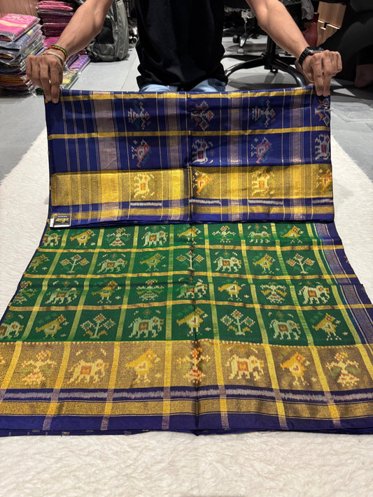 💙💚 Pure Rajkoti Patola Silk Saree | Blue & Green Luxury | Lightweight & Traditional Weave 🌟