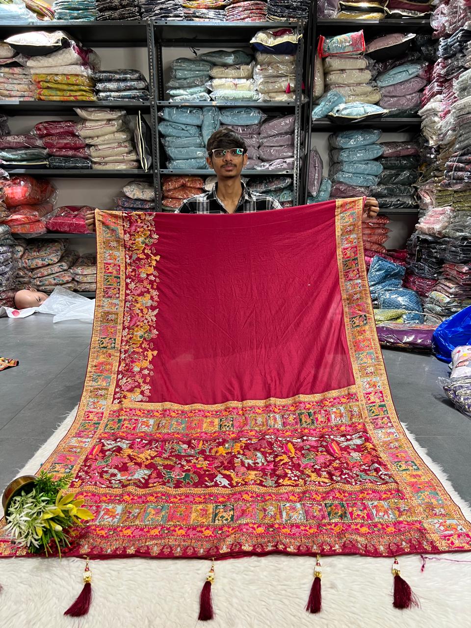 🌟 Royal Pashmina Kalamkari Gala Border Saree 🌺 | Full Heavy Work Pallu & Designer Border | Gujarati Ethnic Look 💃