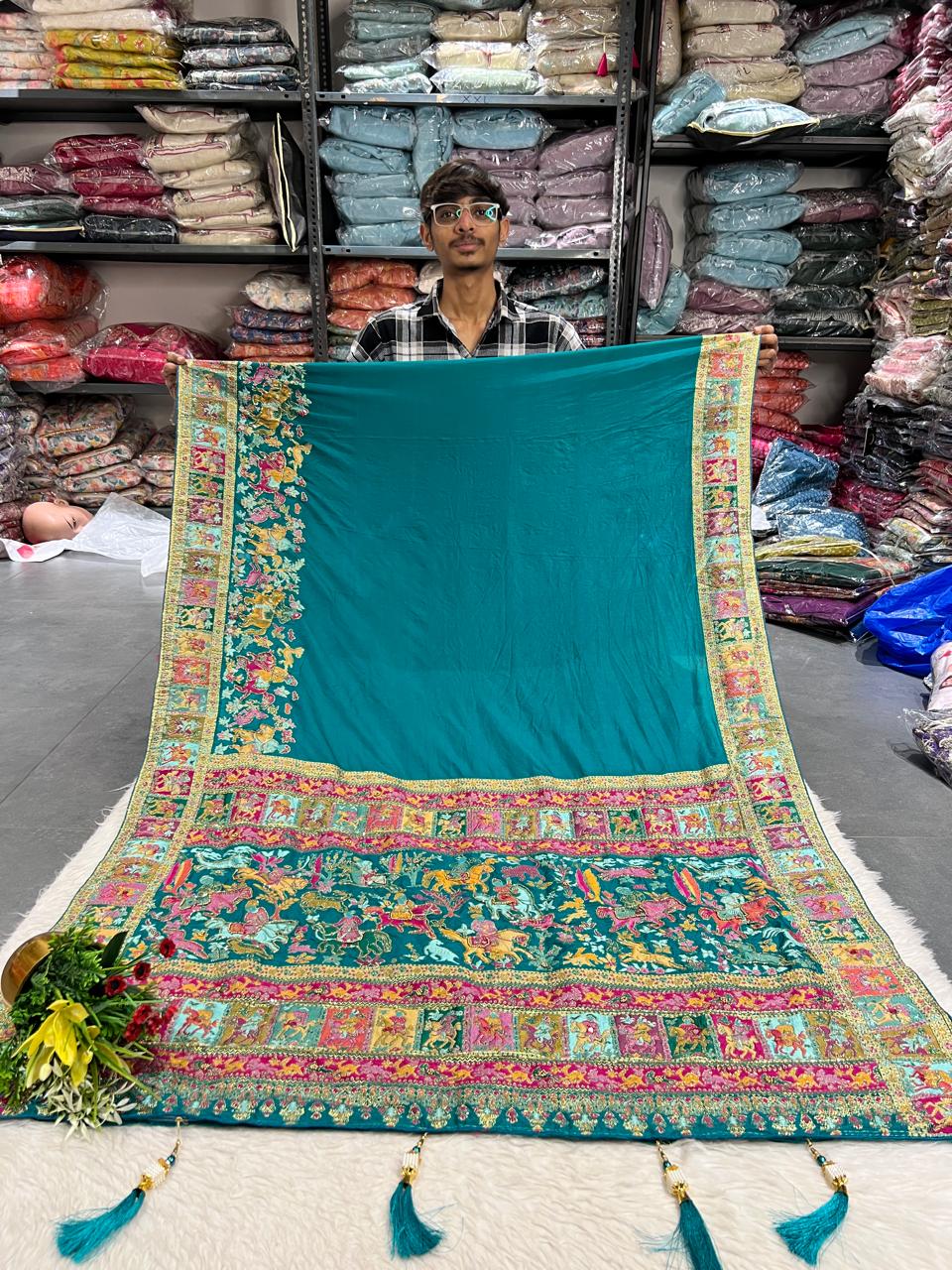 🌟 Royal Pashmina Kalamkari Gala Border Saree 🌺 | Full Heavy Work Pallu & Designer Border | Gujarati Ethnic Look 💃