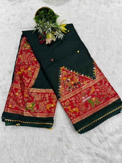 🌟 Ethnic Saree with Animal Motifs 🐘 & Mirror Work ✨ | Full Pallu & Bottom Work 💫 | Budget-Friendly with Samosa-less Border 🧵