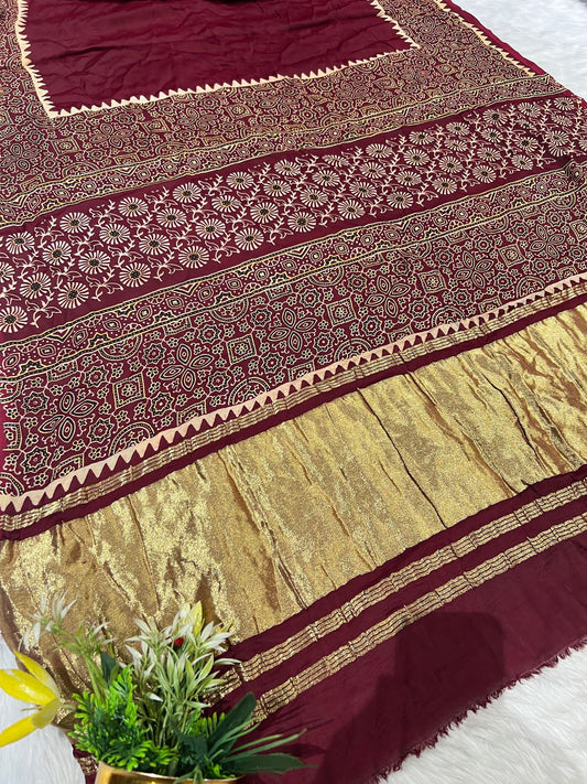 🌺 Maroon Ajrakh Saree with Lagdi Patto Pallu ✨ | Gala Border 🌟 | Traditional Handblock Art 🇮🇳 | Elegant Ethnic Wear 💃