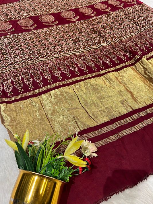 🌺 Maroon Ajrakh Saree with Floral Design 🌸 | Lagdi Patto Pallu 💫 | Gala Border Elegance 👑 | Traditional Gujarati Vibe 🇮🇳
