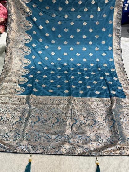 Elegant Pure Satin Silk Saree with Peacock Pallu Design 🦚 | Traditional Gujarati Style | Festive & Wedding Wear