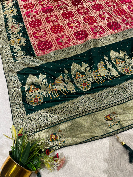 💫 Bandhani Gharchola Saree with Lagdi Patto & Latkan | Heavy Dual-Tone Pallu | Designer Border 🧵✨
