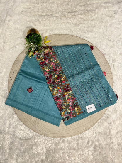 Shagun Fashion 🌿 Sky Blue Pure Cotton Designer Saree with Colorful Dhaga Work & Full Worked Blouse | Party Wear Luxury 👑