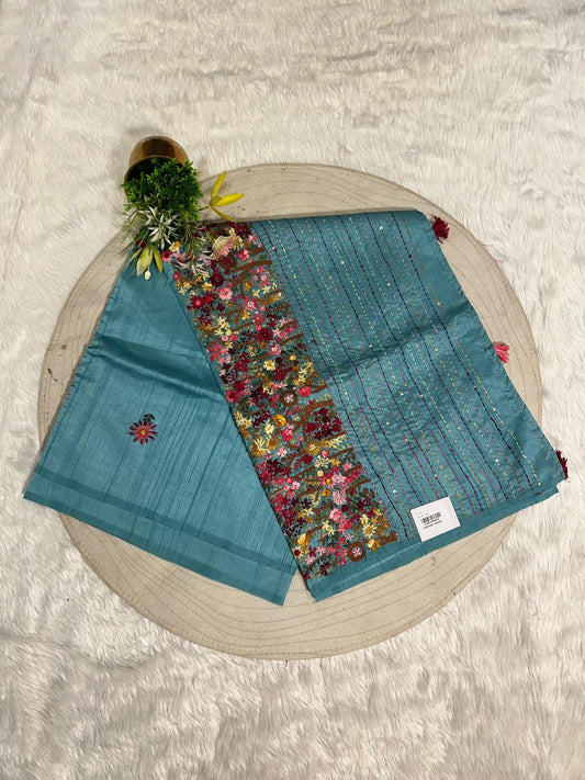 Shagun Fashion 🌿 Sky Blue Pure Cotton Designer Saree with Colorful Dhaga Work & Full Worked Blouse | Party Wear Luxury 👑