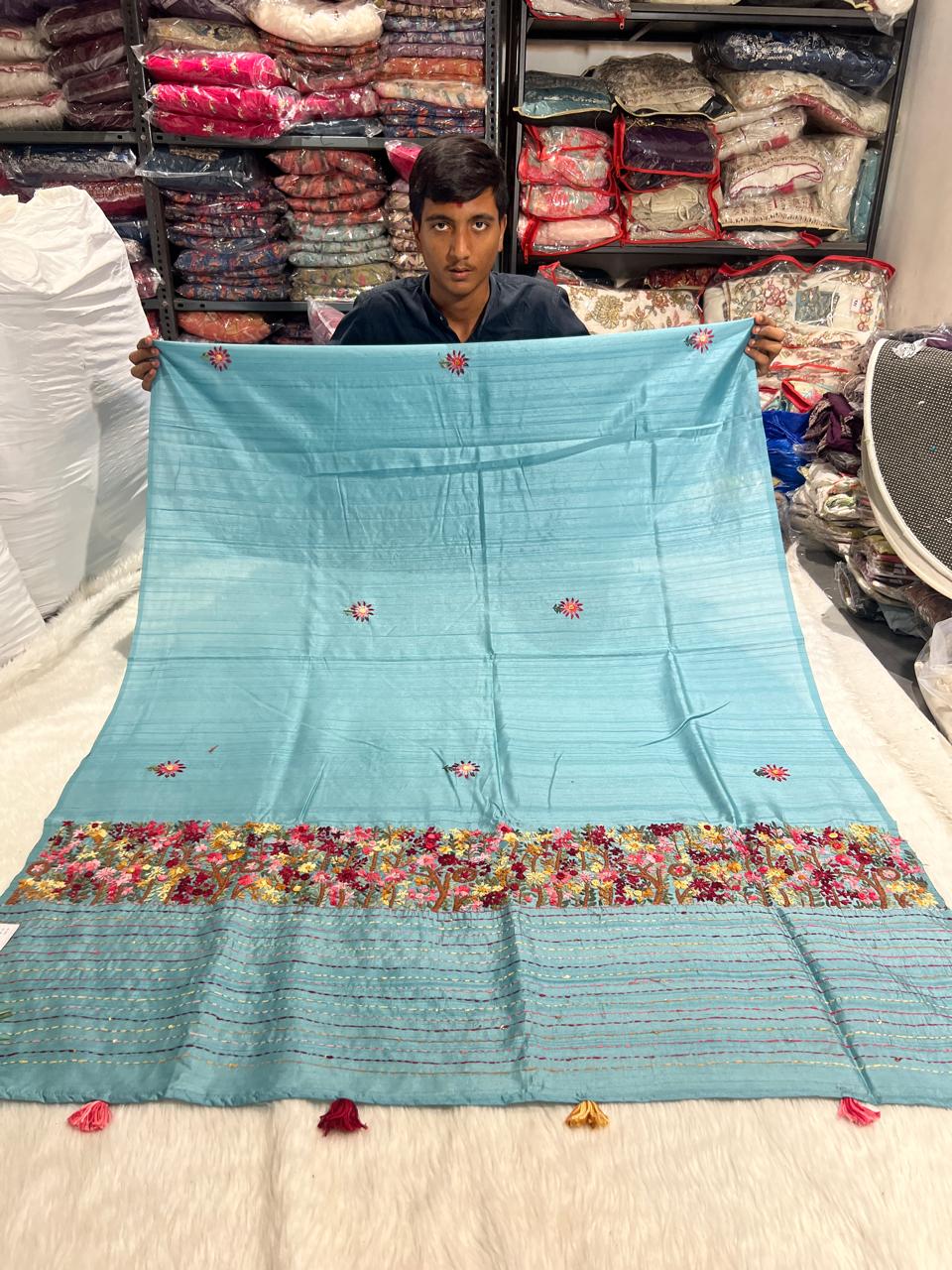 Shagun Fashion 🌿 Sky Blue Pure Cotton Designer Saree with Colorful Dhaga Work & Full Worked Blouse | Party Wear Luxury 👑