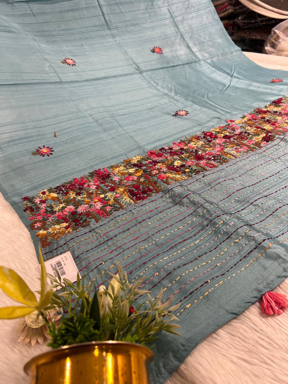 Shagun Fashion 🌿 Sky Blue Pure Cotton Designer Saree with Colorful Dhaga Work & Full Worked Blouse | Party Wear Luxury 👑