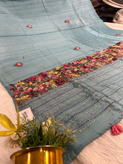 Shagun Fashion 🌿 Sky Blue Pure Cotton Designer Saree with Colorful Dhaga Work & Full Worked Blouse | Party Wear Luxury 👑