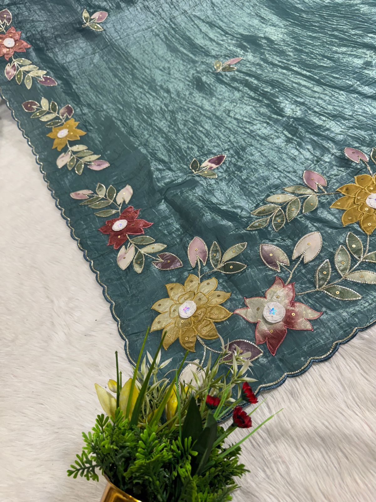 Pure Tissue Saree with Floral Patchwork 🌸 | Affordable Party Wear Saree with Blouse | Shagun Sarees & Zankhi Boutique