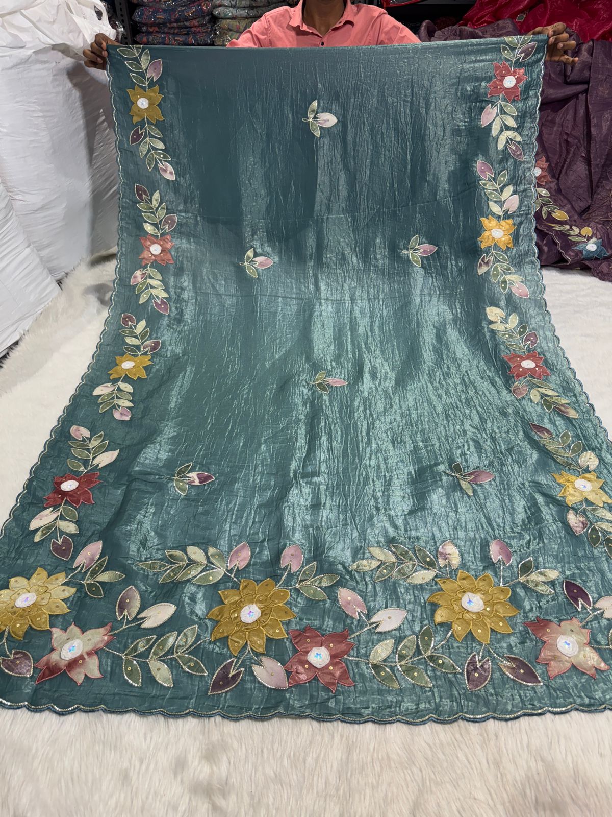 Pure Tissue Saree with Floral Patchwork 🌸 | Affordable Party Wear Saree with Blouse | Shagun Sarees & Zankhi Boutique