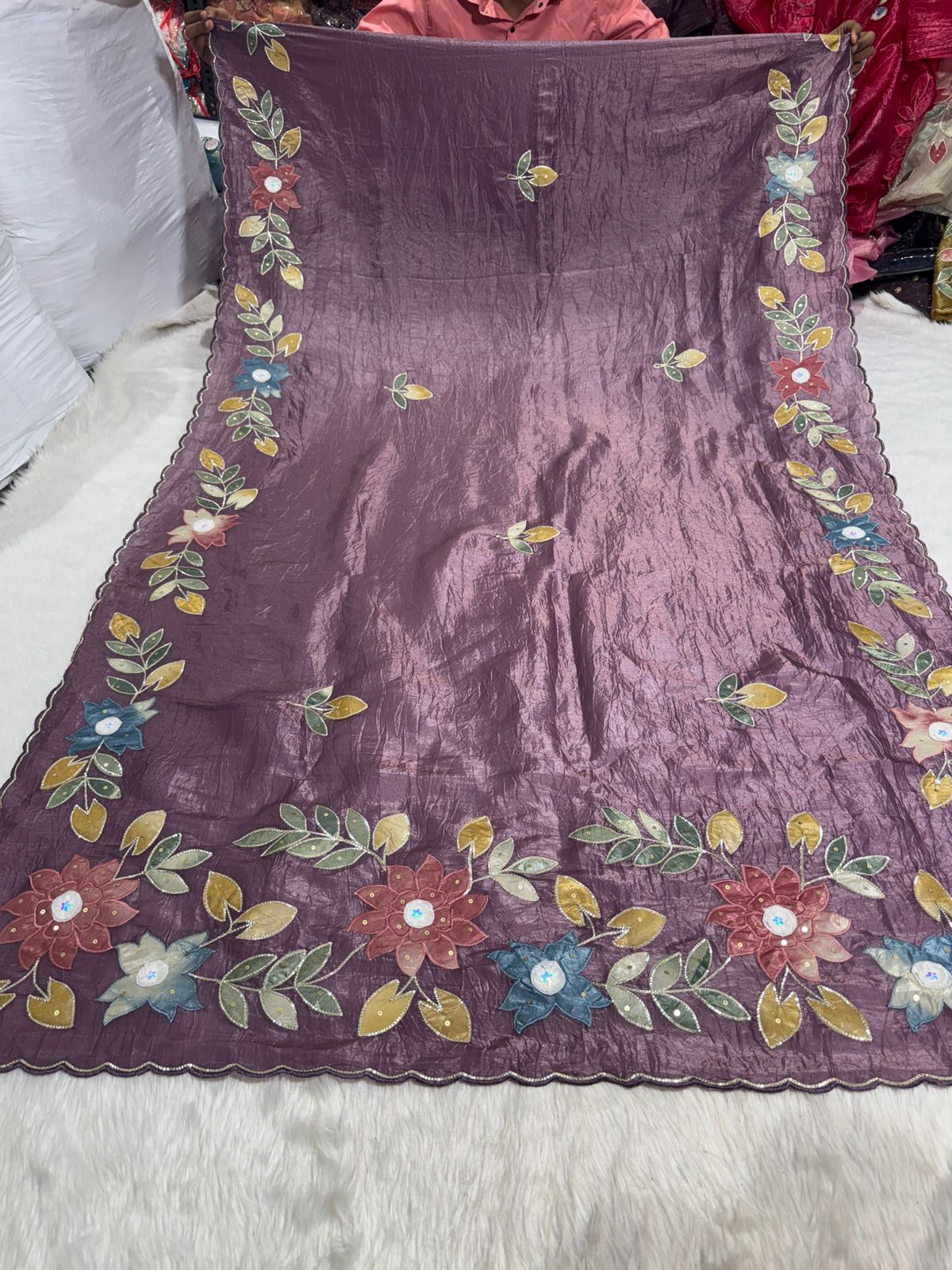 Pure Tissue Saree with Floral Patchwork 🌸 | Affordable Party Wear Saree with Blouse | Shagun Sarees & Zankhi Boutique